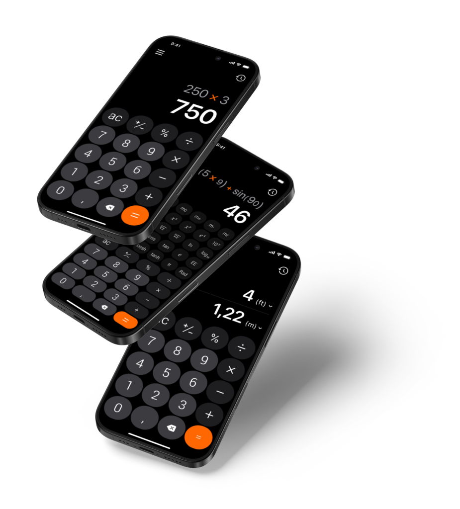 iPhone devices showing Calculator₊ app with standard, scientific, and unit converter modes for instant results