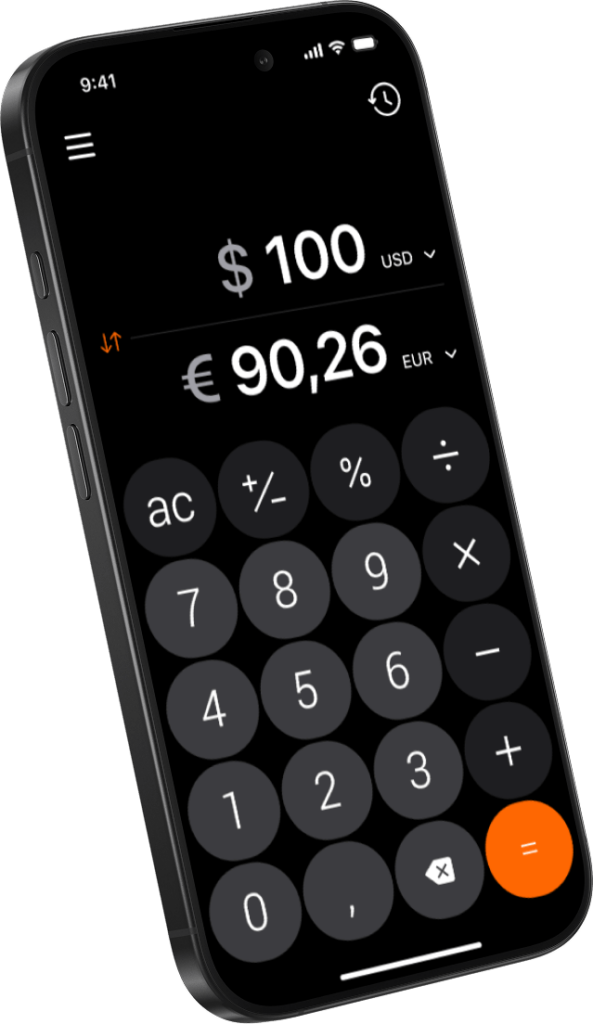 Calculator₊ currency converter on iPhone converting 100 USD to EUR with live exchange rates GBP, JPY, AUD, CAD, CHF, CNY, HKD, NZD