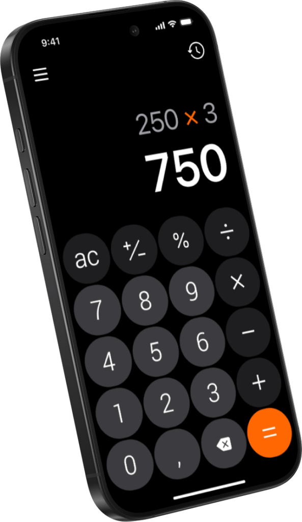 Calculator₊ standard calculator on iPhone showing a multiplication result 250 X 3 = 750