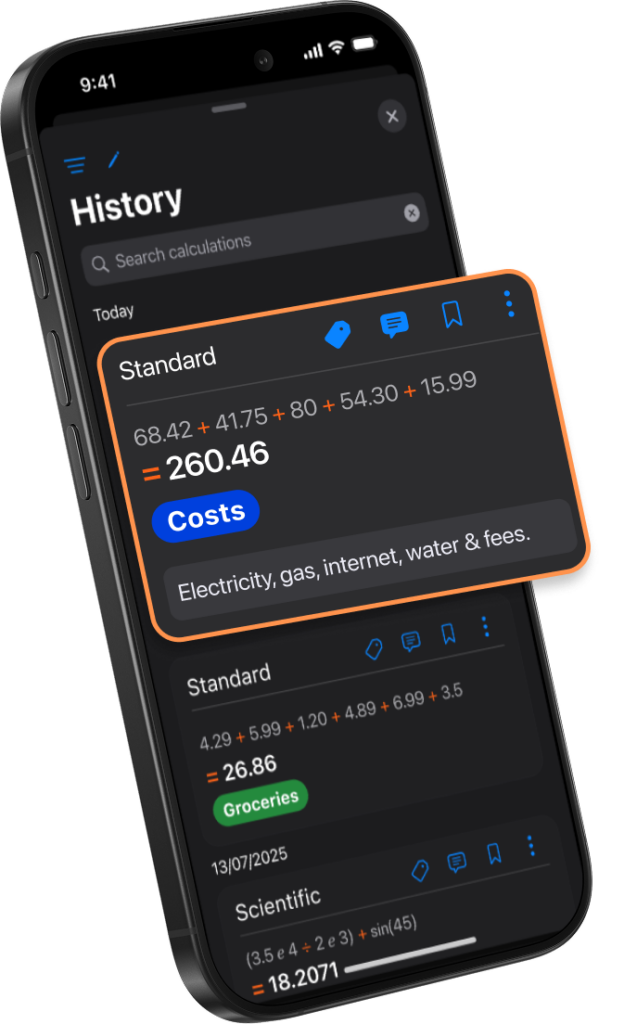 Calculator₊ history tape on iPhone showing saved calculations and unit conversions, and previously mathematical equations