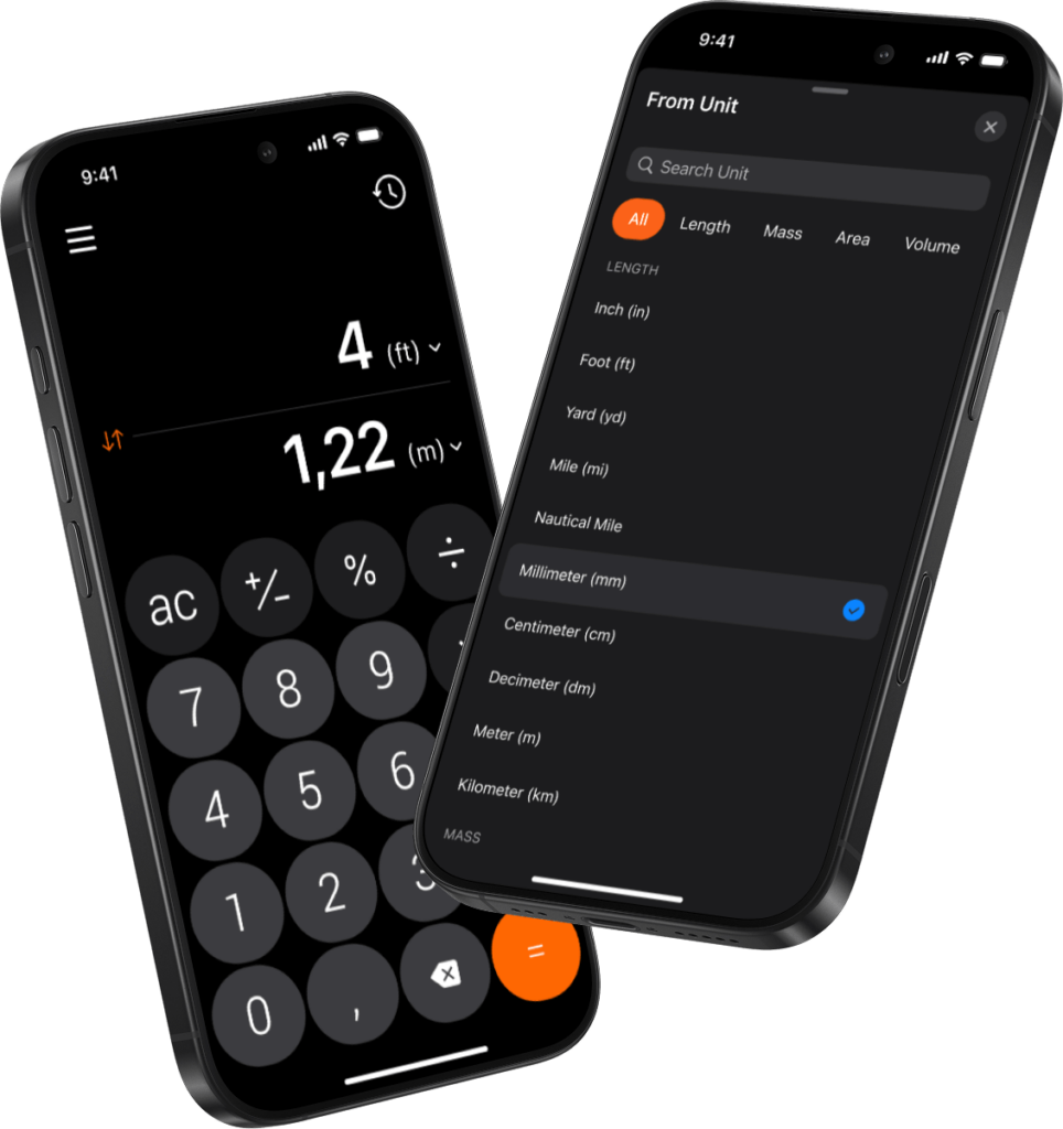 Calculator₊ unit converter on iPhone converting feet to meters and selecting length units offering other conversions for metric, imperial, us customary system CGS, MKS, FPS